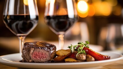 Gourmet steak dinner with red wine in a cozy restaurant