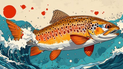 Fototapeta premium A vibrant illustration of a trout leaping through waves under a stylized sun.