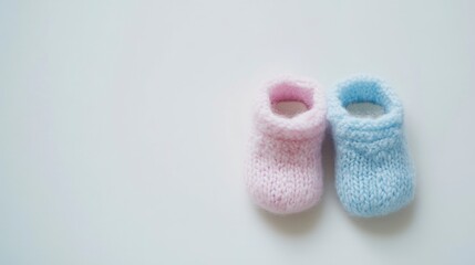 Photograph of two baby booties on a white background, in pastel pink and blue colors, with a minimalistic style.