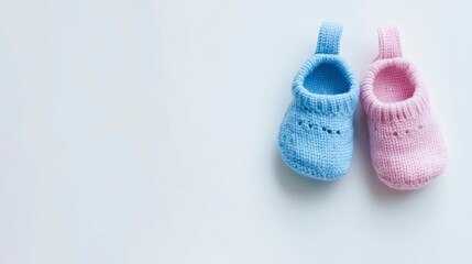 Photograph of two baby booties on a white background, in pastel pink and blue colors, with a minimalistic style.