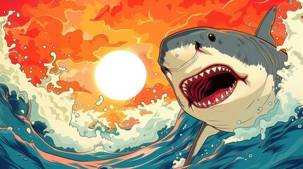 Naklejka premium A dramatic shark leaps from vibrant ocean waves under a colorful sunset.