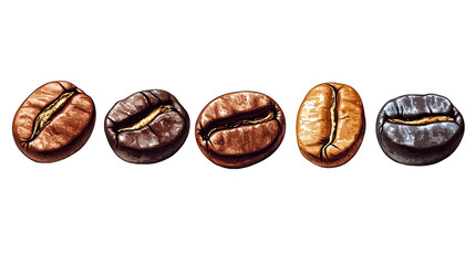 Coffee Bean Variations: A close-up shot showcases five coffee beans, each exhibiting a unique shade...