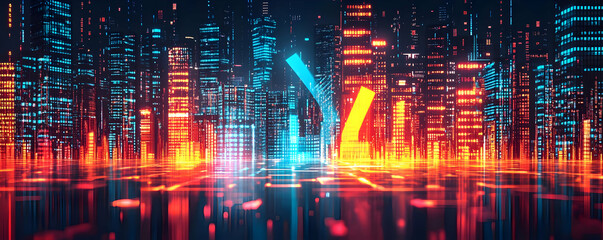 Fototapeta premium Futuristic city skyline at night with vibrant neon lights and reflections