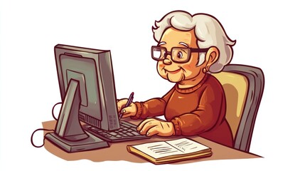 Elderly person using a computer with notes.
