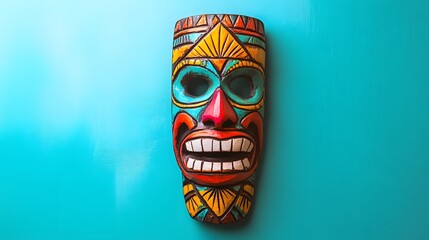 Vibrant Hand-Painted Tiki Mask Against a Turquoise Background