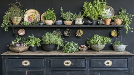 Rustic kitchen herb garden display, dark wall, vintage dresser, culinary blog