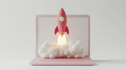 Pink laptop with rocket launch, innovative startup concept illustration