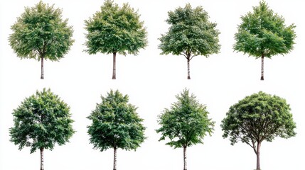 A collection of eight distinct trees, showcasing various shapes and foliage, set against a plain background.