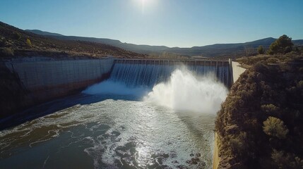 Dam water release, sunny landscape, aerial view