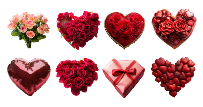 Beautiful Collection of Heart-Shaped Decorations and Floral Arrangements, isolated on transparent background
