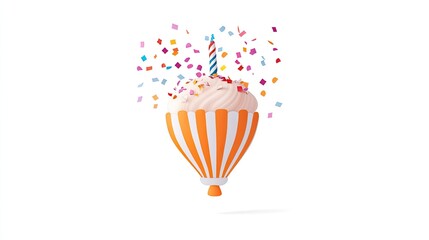 Naklejka premium Colorful hot air balloon dessert with sprinkles and a candle, celebrating a festive occasion