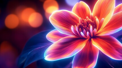 Fototapeta premium A close-up of a neon flower illuminated with bright colors set against a blurred background for contrast