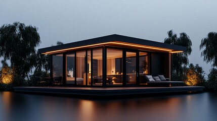 Modern Floating House at Dusk: Luxury Lakeside Retreat