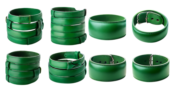 Various Stylish Green Leather Bracelets and Cuffs for Fashion Accessory, isolated on transparent background