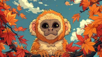 Fototapeta premium A cute, cartoonish monkey with large eyes sits among vibrant autumn leaves against a blue sky.