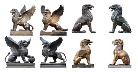 Stylish Collection of Winged Lion Statues in Various Poses, isolated on transparent background