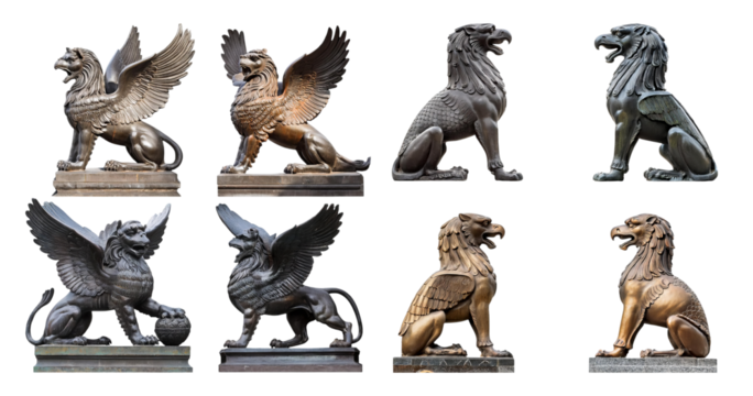 Stylish Collection of Winged Lion Statues in Various Poses, isolated on transparent background