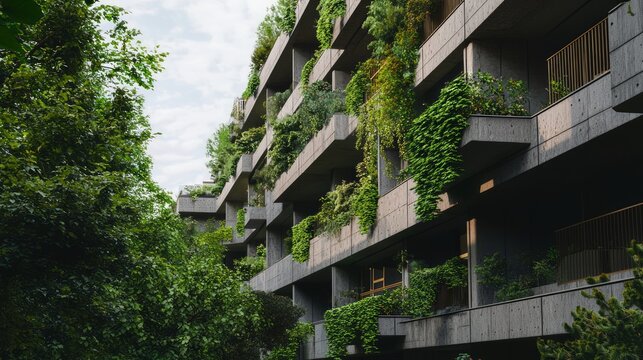 Futuristic Eco-Brutalist Terrace Building with Ivy-Covered Balconies in Ultra-Detailed Architectural Design
