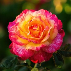 Close-up view of a vibrant rose, showcasing its stunning blend of yellow, orange, and pink petals. The rose is in full bloom, with its delicate layers and rich colors.