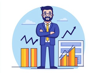 successful investor wealth planning concept. Businessman standing confidently with bar and line graphs in a vibrant, modern style.