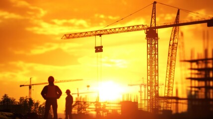Silhouetted construction workers at sunset with cranes
