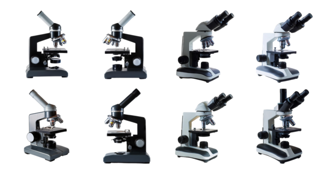Collection of Eight Laboratory Microscopes in Various Angles and Colors, isolated on transparent background