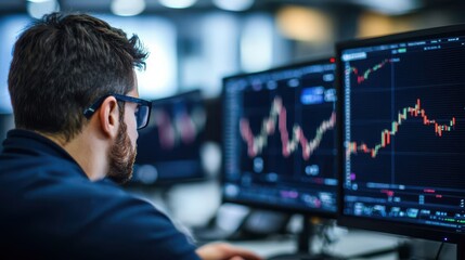Fototapeta premium successful investor wealth planning concept. A man analyzes stock market data on multiple computer screens.