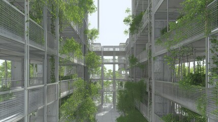 Futuristic Eco-Brutalism Campus: Ultra-Detailed Cinematic Image of Edgy Multi-Block Architecture with Bamboo-Lined Walkways
