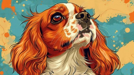 Naklejka premium A colorful illustration of a dog with expressive eyes and vibrant fur against a bright background.