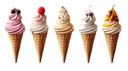 A Flavorful Array: A tempting display of ice cream cones, each adorned with a unique swirl of creamy delight and garnished with fresh fruit toppings, capturing the essence of summer and indulgence. 