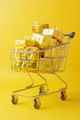Golden Shopping Spree Cart Overflowing with Shiny Wrapped Presents on a Vibrant Yellow Backdrop