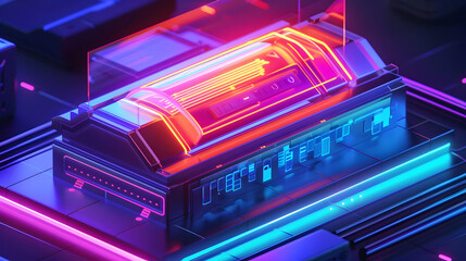 Obraz premium Futuristic neon-lit device on a digital circuit board with glowing elements