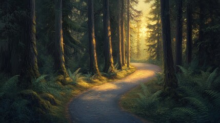Fototapeta premium Sunlit Forest Path, Winding Road, Nature Walk, Tranquil Scene, Peaceful Background, Travel Photography