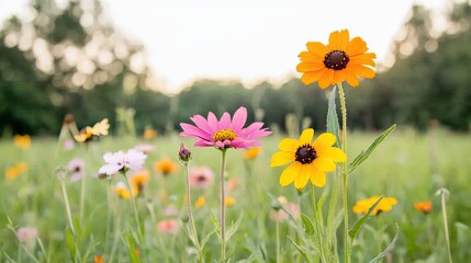 Obraz premium Vibrant wildflower meadow in full bloom during sunset, showcasing colorful blossoms and greenery