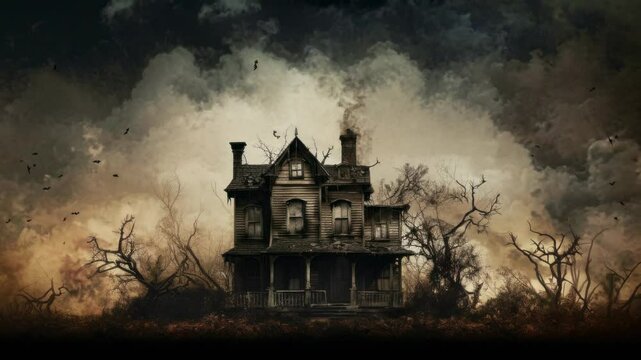 Eerie haunted house video concept, featuring a low-angle shot of a decrepit Victorian mansion surrounded by barren trees and dark clouds.