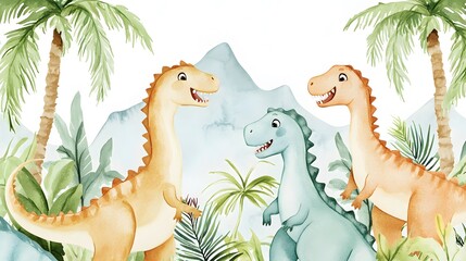 Naklejka premium Three friendly dinosaurs stand together amidst tropical plants and mountains