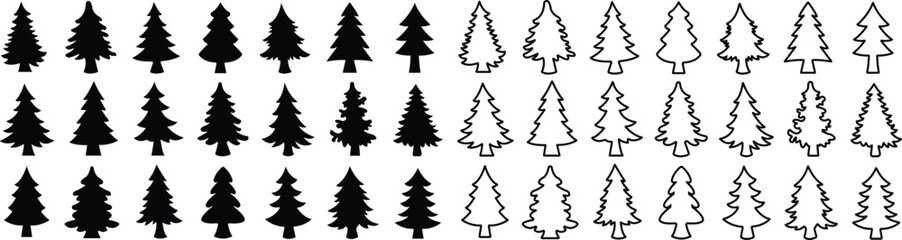 Christmas Tree icon in flat, line style set. vector For apps and Website. isolated on transparent background Contains such icons as Christmas Tree collection used for Nature, Holiday, Winter posters