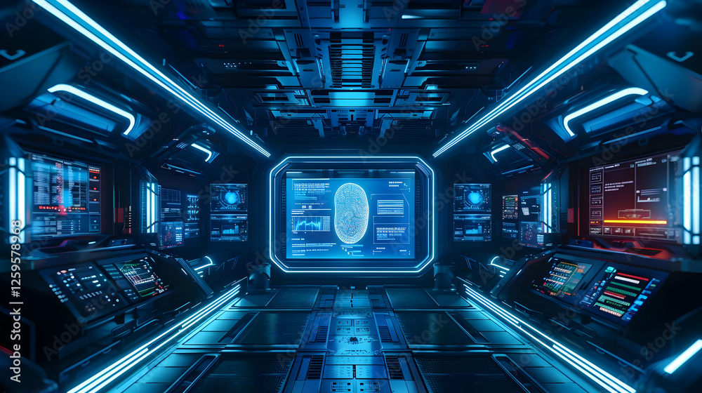 Poster futuristic control room with glowing screens displaying biometric data and graphs