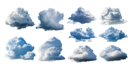 Collection of Various Cloud Shapes and Textures in Blue Sky, isolated on transparent background