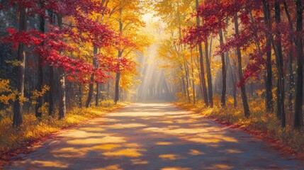 Sunlit autumn road through colorful forest