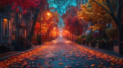 Naklejka premium Autumnal street, city, fall leaves, evening, calm
