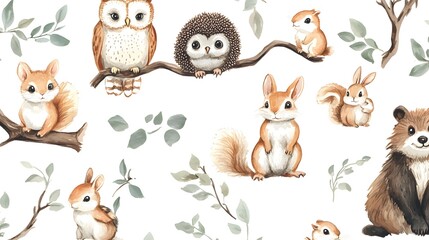 Watercolor forest animals including an owl hedgehog squirrel rabbit and bear