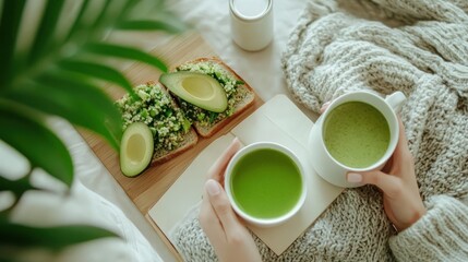 Healthy Green Breakfast in Bed: Avocado Toast and Matcha