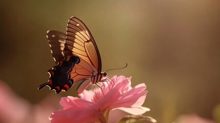 Naklejka premium Butterfly perched on pink flower in soft sunlight