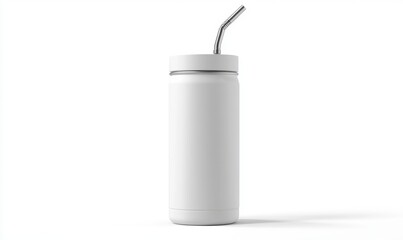 White insulated water bottle with straw, studio shot, white background, hydration