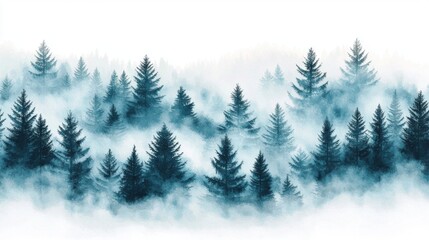 Obraz premium Serene Forest Landscape with Mist and Evergreen Trees in Soft Focus for Nature and Tranquility Themes