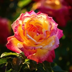 a close-up of a beautiful, vibrant, multicolored rose with soft petals and soft glow of warm sun light. The delicate petals are pink, yellow, and orange.