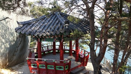 large pavilion surrounded by trees on the hill by the beach