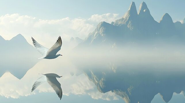 Serene landscape with a bird in flight over a tranquil lake reflecting majestic mountains
