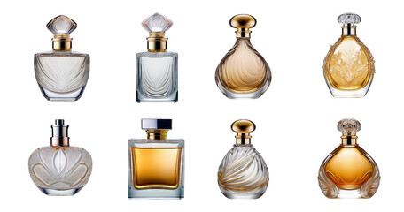 Elegant Collection of Distinctive Perfume Bottles Displayed Beautifully, isolated on transparent background